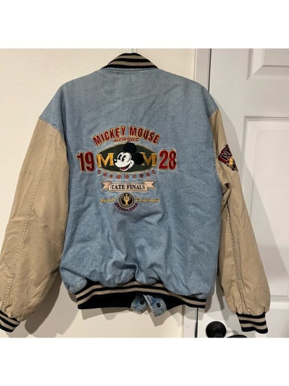 Vintage 90s The Disney Store Mickey Mouse 1928 Denim Varsity Jacket Size Large